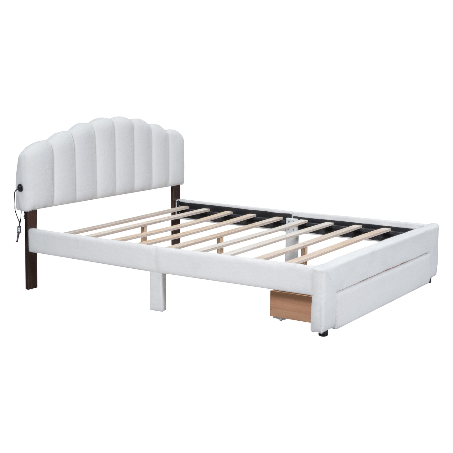 Teddy Fleece Queen Size Upholstered Platform Bed with Nightstand, White