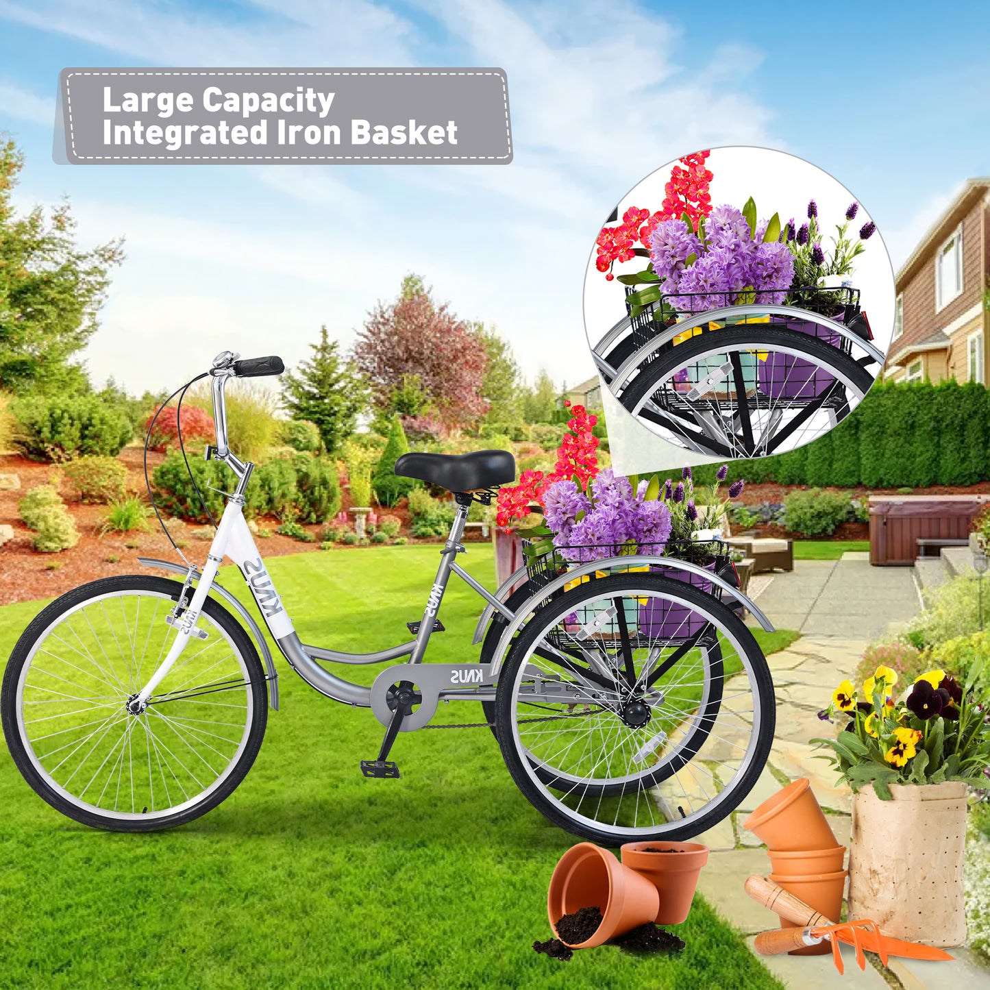 Adult Tricycle Trikes,3-Wheel Bikes,26 Inch Wheels Cruiser Bicycles with Large Shopping Basket for Women and Men