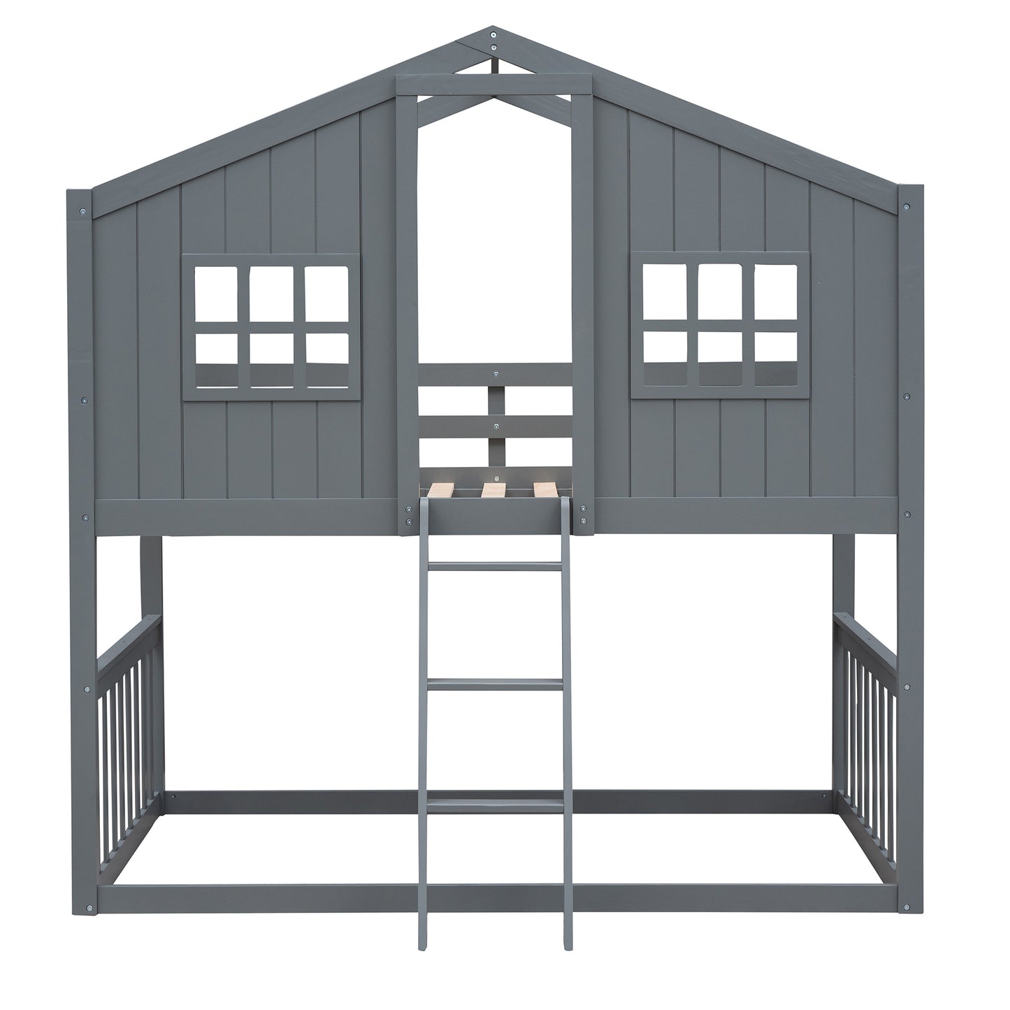 Twin House Bunk Bed with Gray Wood Finish and Ladder