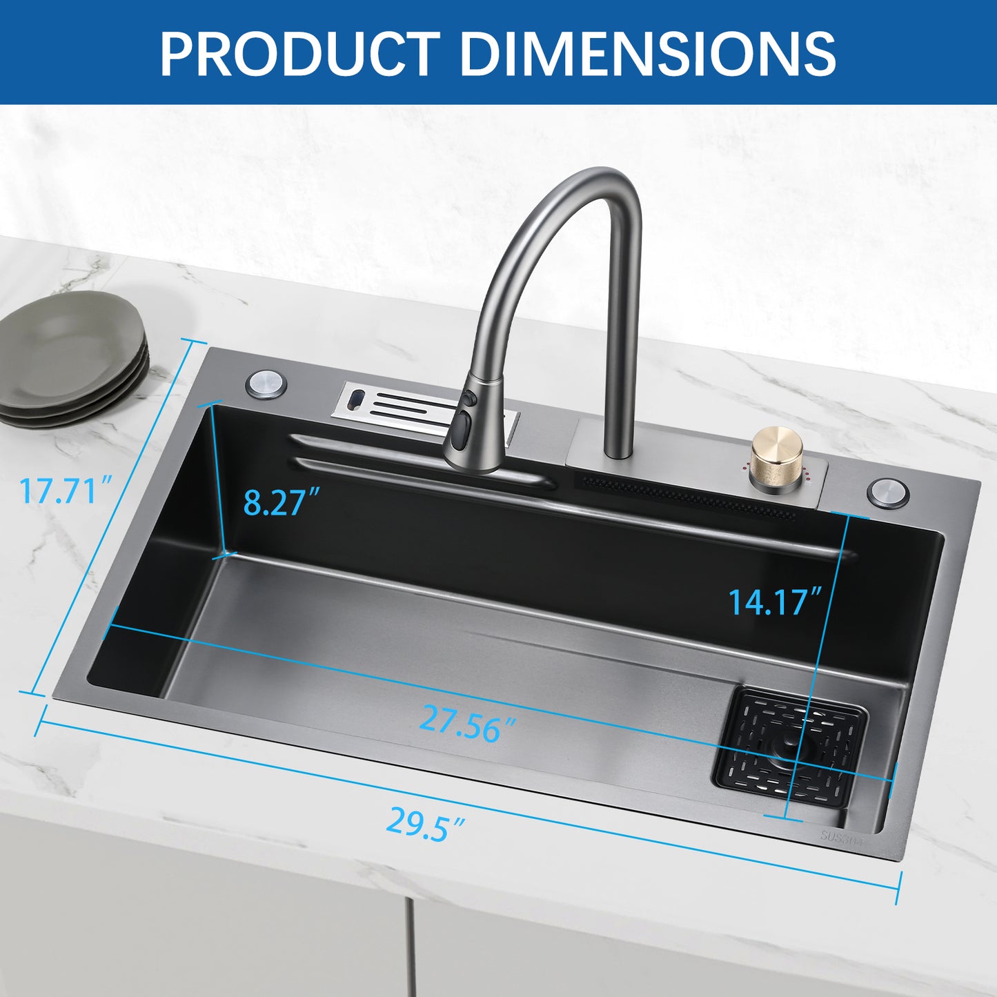 Contemporary Stainless Steel Kitchen Sink Set with Rainfall Faucet and Accessories