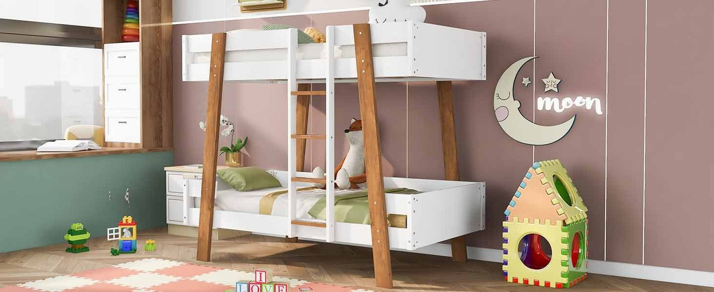 Rustic White Twin Size Bunk Bed with Wooden Columns and Attached Ladder