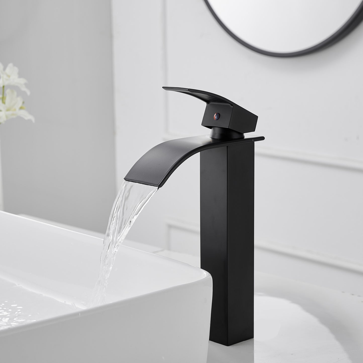 Matte Black Waterfall Bathroom Vessel Sink Faucet with Single Hole Handle and Pop-up Drain