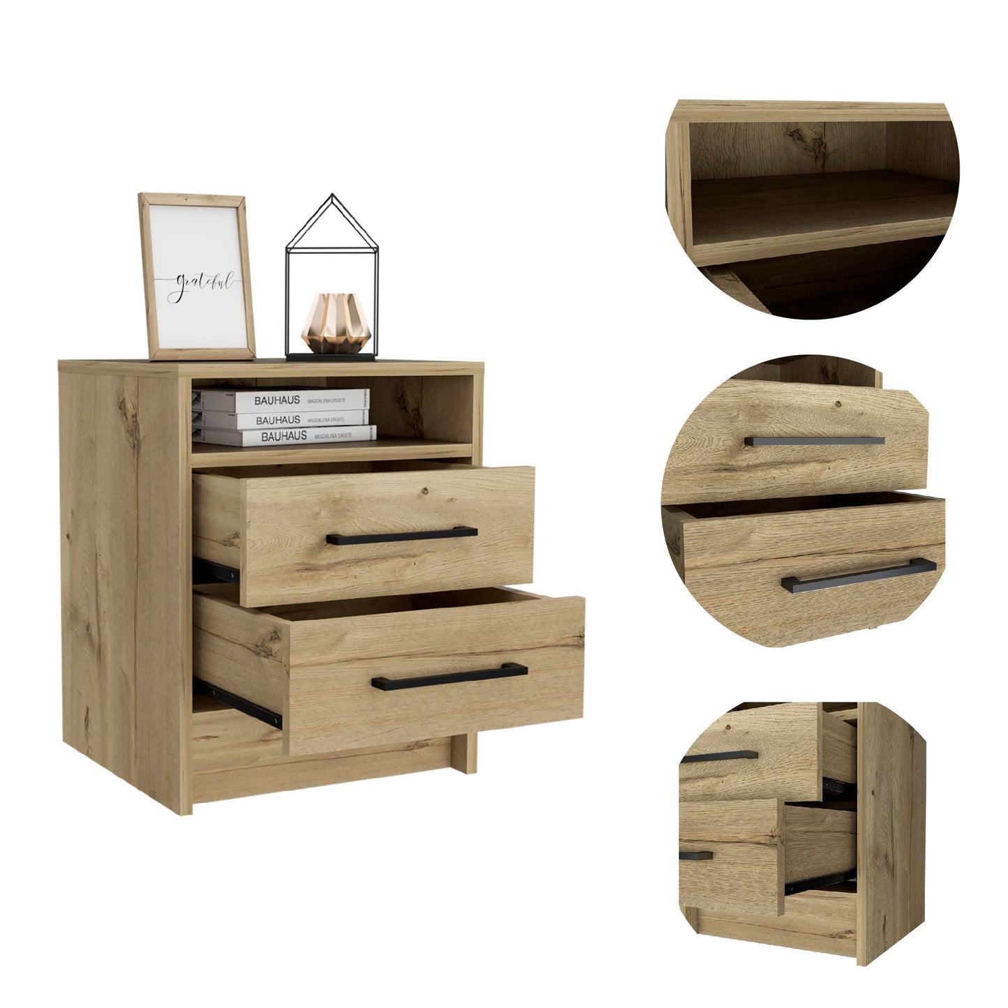 Eter Nightstand, Superior Top, Two Drawers -Light Oak