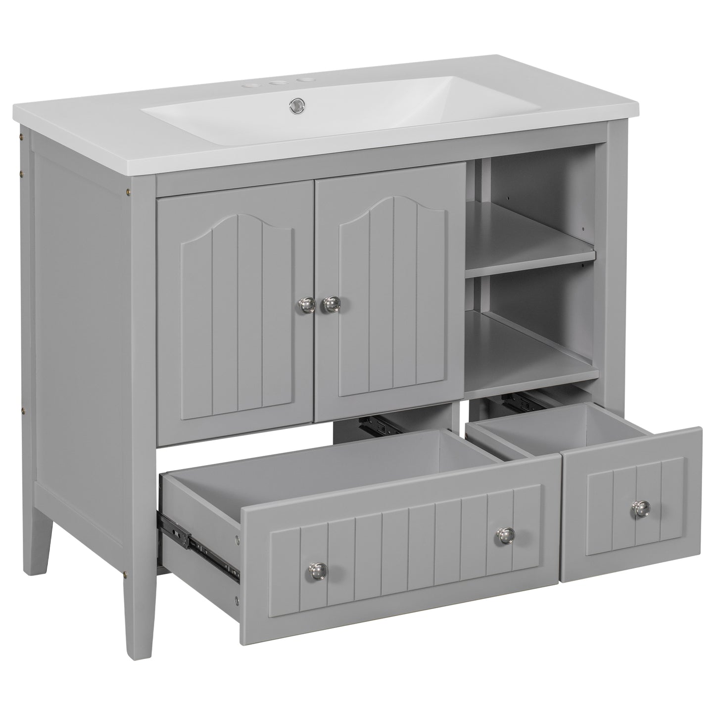 36" Bathroom Vanity with Ceramic Basin, Bathroom Storage Cabinet with Two Doors and Drawers, Solid Frame, Metal Handles, Grey