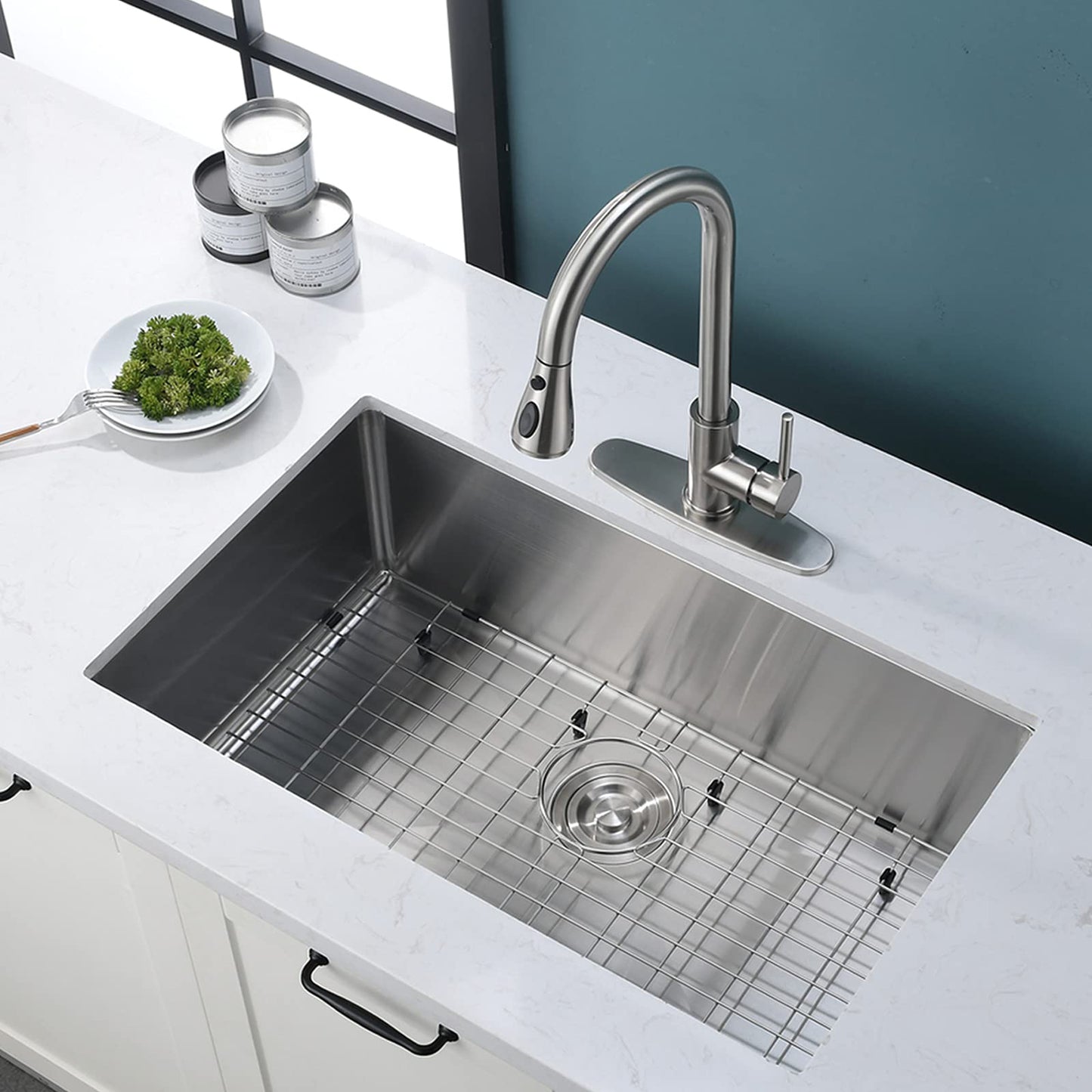 27 Stainless Steel Undermount Kitchen Sink with Sound Dampening Grid