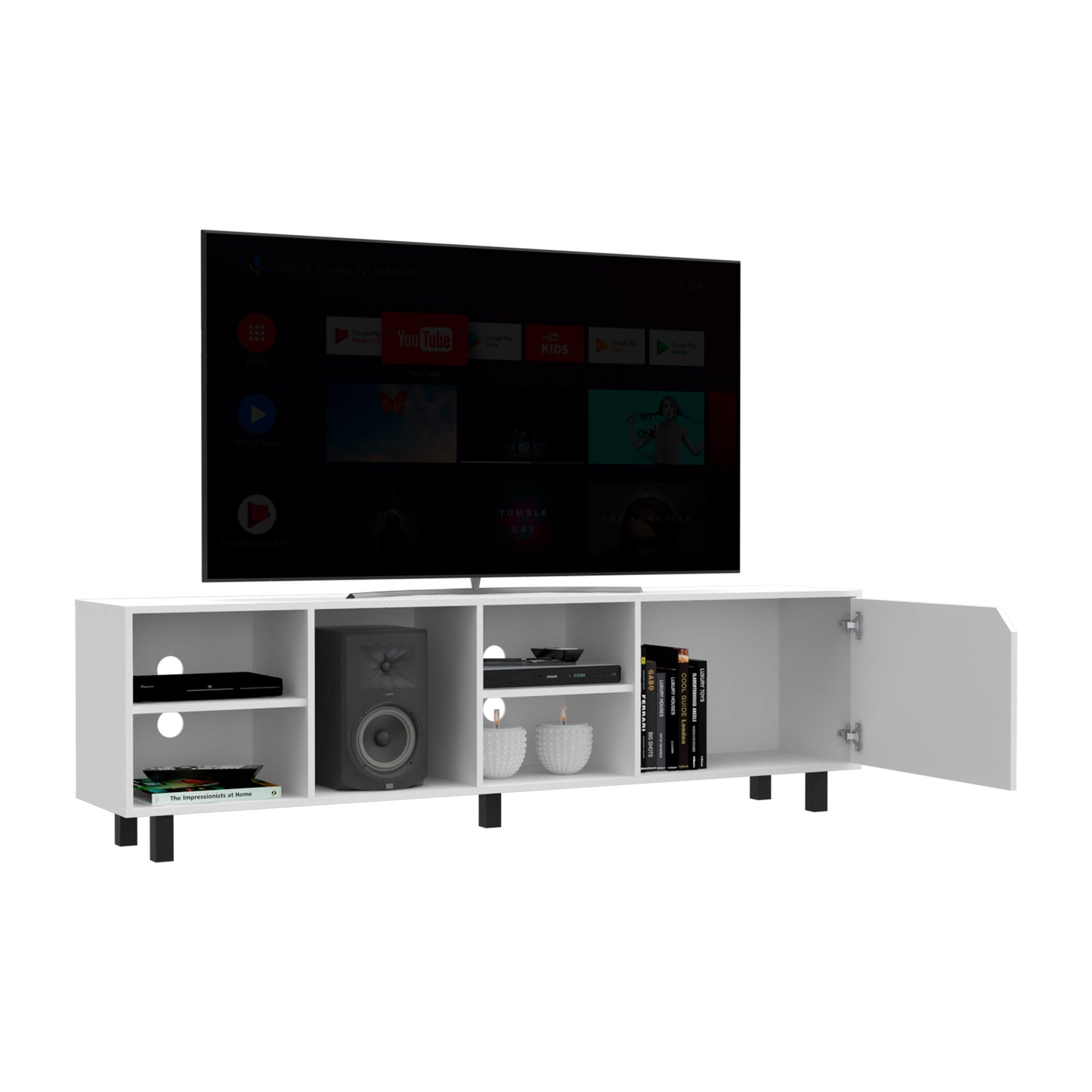 White Finish TV Stand with Four Open Shelves - 70 Inch Capacity