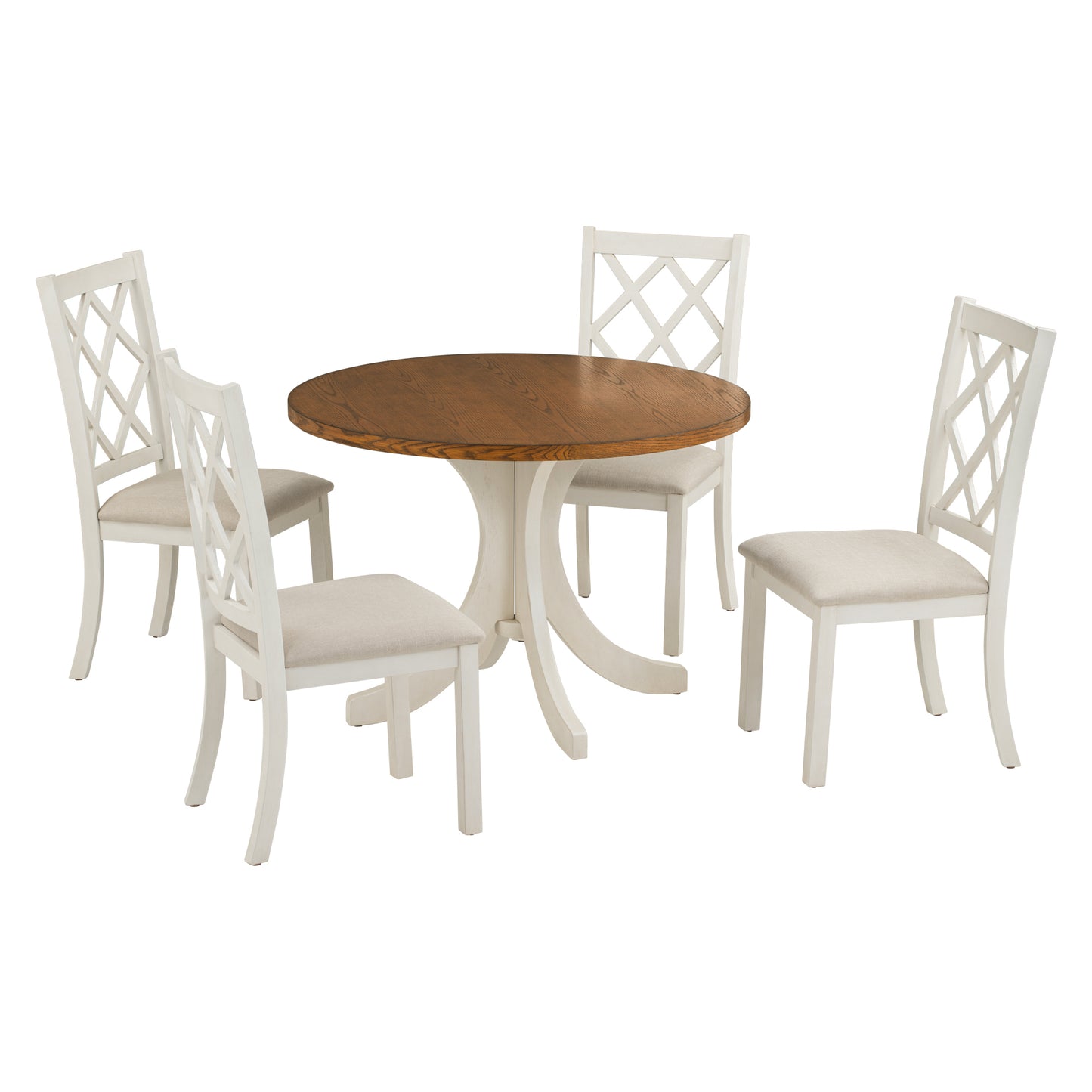 Mid-Century Solid Wood 5-Piece Round Dining Table Set, Kitchen Table Set with Upholstered Chairs for Small Places, Walnut Table+Beige Chair