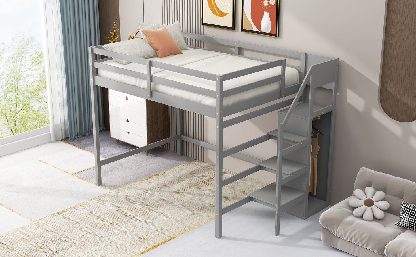 Full Size Loft Bed with Built-in Storage Wardrobe and Staircase, Gray