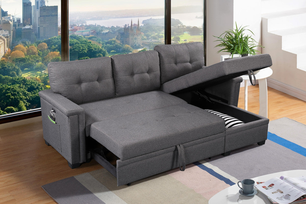 Gray Linen Sleeper Sectional Sofa with Storage Chaise, USB Charging Ports and Pocket