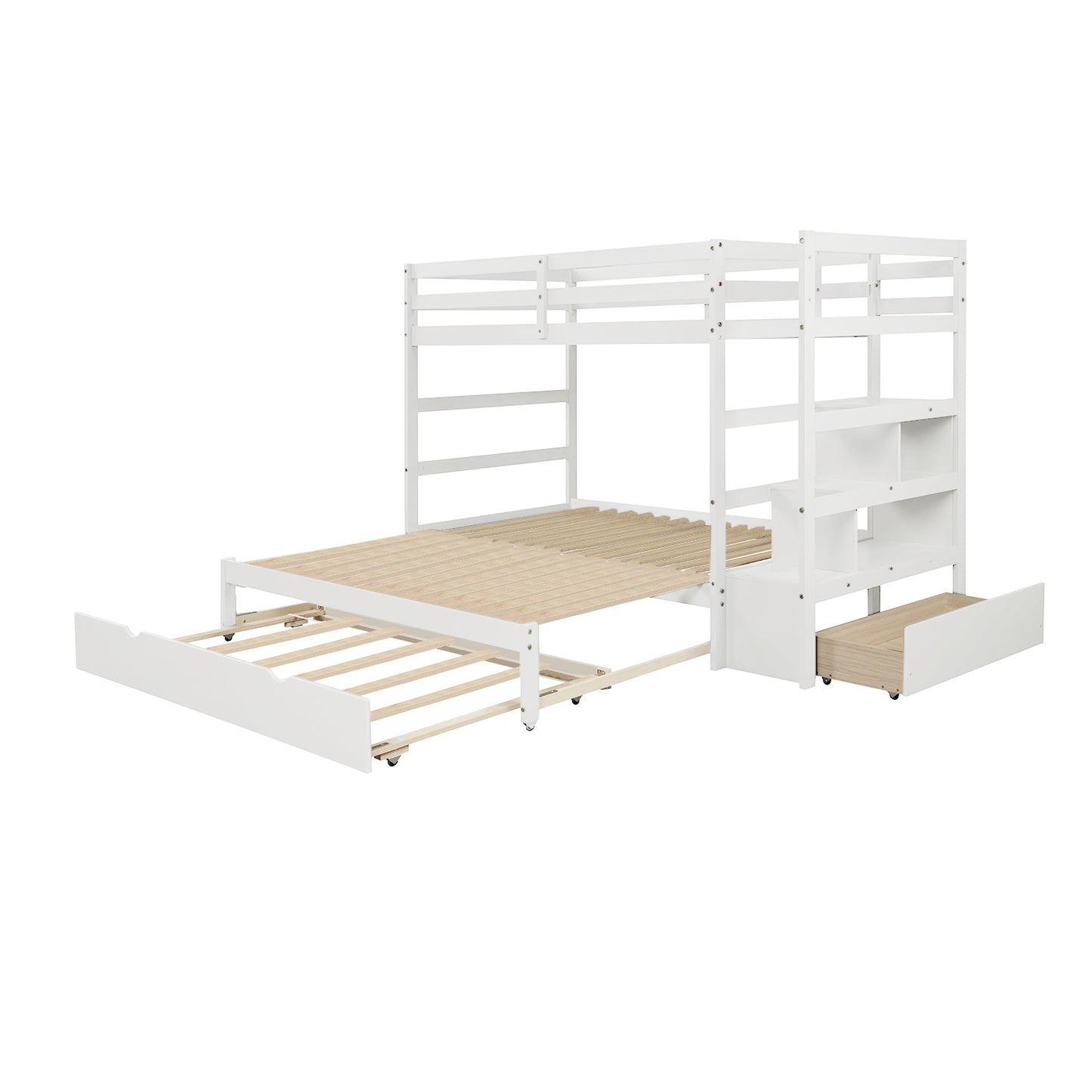 Convertible Storage Bunk Bed with Trundle, Stairs, and Versatile Design (White)