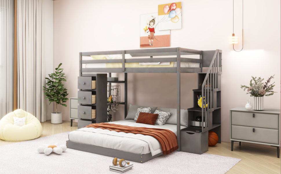 Space-Saving Gray Bunk Bed with Storage Stairs and Versatile Features