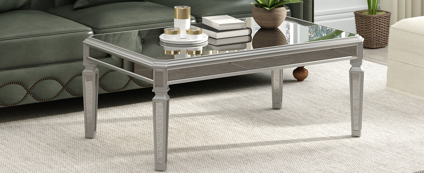 Contemporary Silver Glass Mirrored Coffee Table with Adjustable Legs