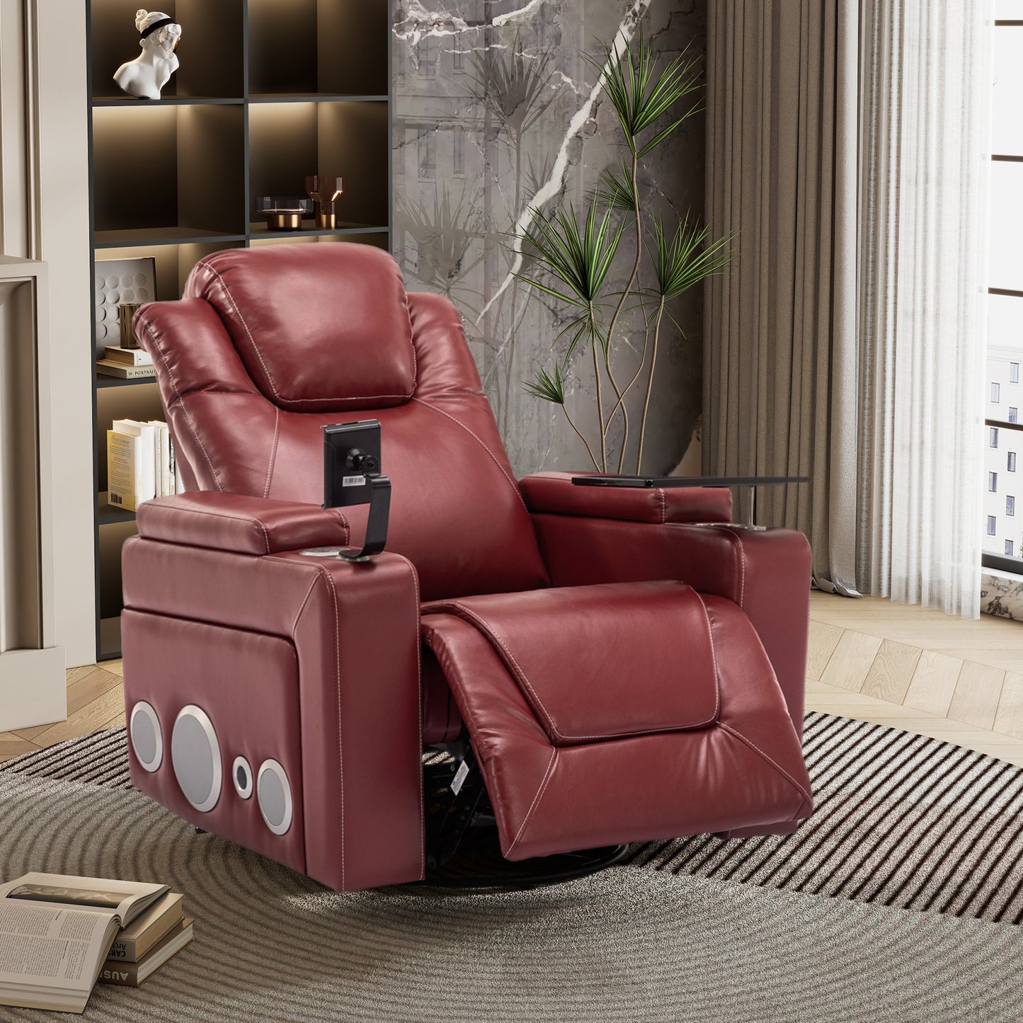 Luxurious 270 Degree Swivel Red Power Recliner with Surround Sound and Removable Tray Table