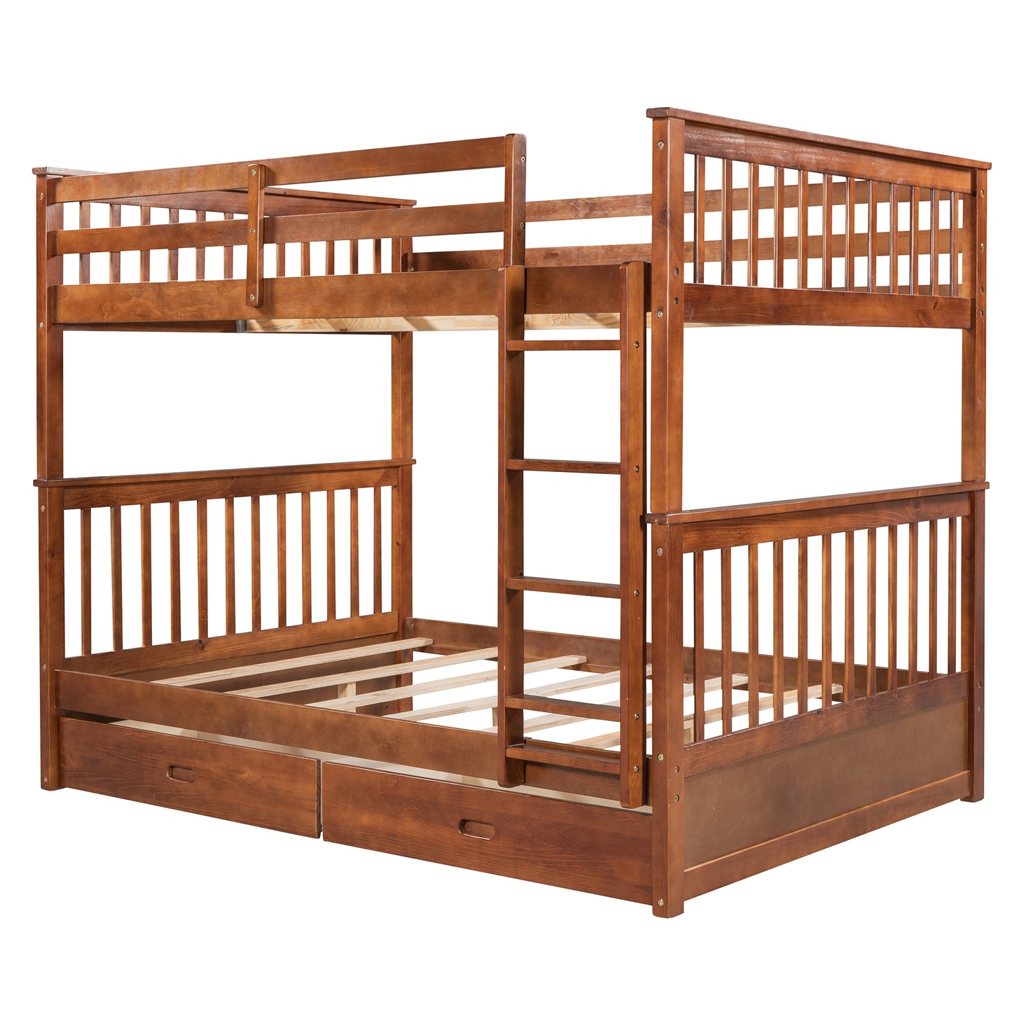 Full-Over-Full Walnut Bunk Bed with Two Storage Drawers and Ladder