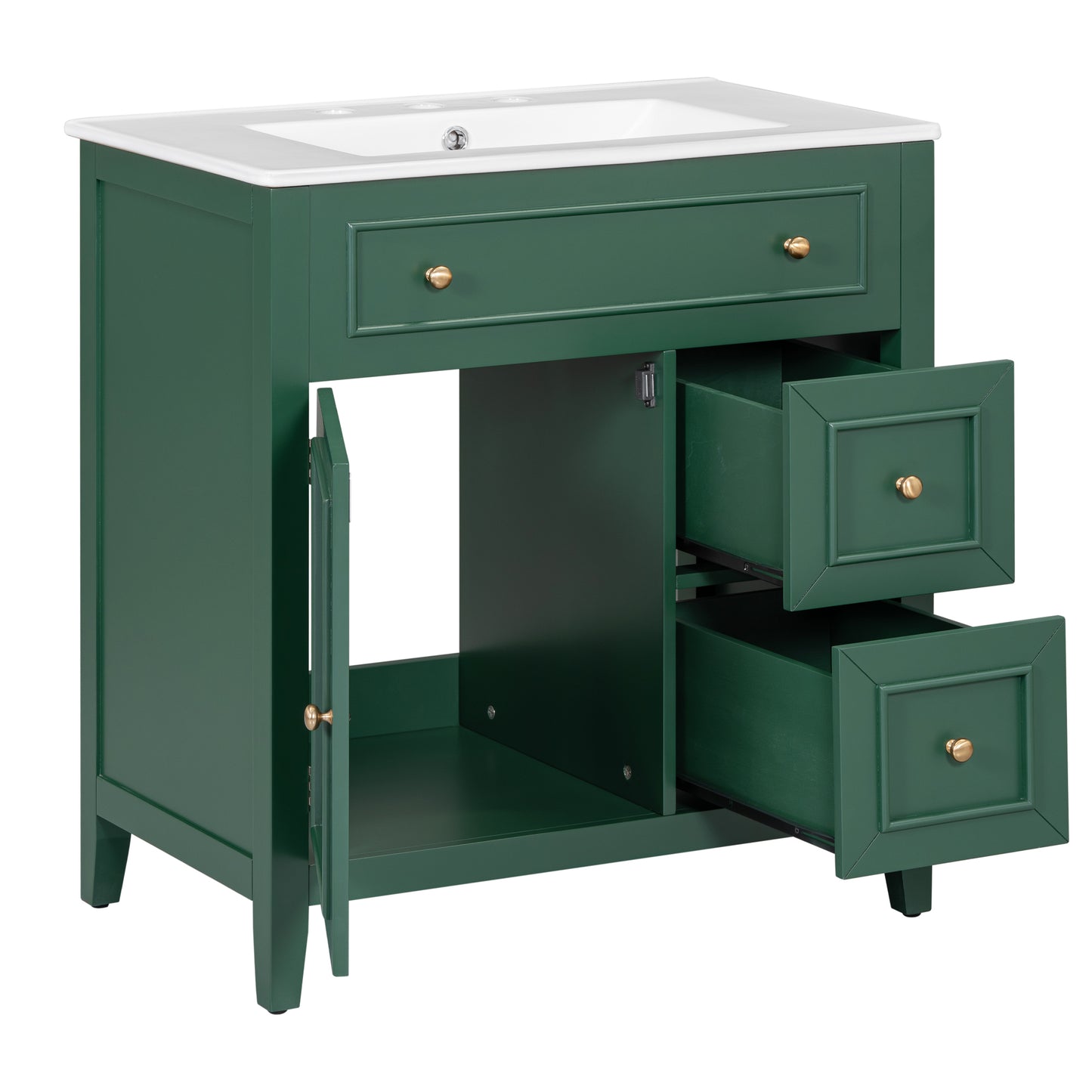 30" Bathroom Vanity with Sink Top, Bathroom Vanity Cabinet with Door and Two Drawers, Solid Wood Frame, One Package, Green