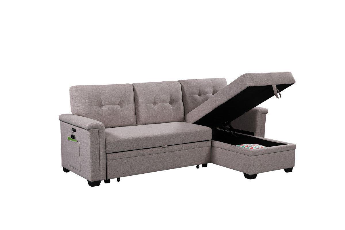 Versatile Light Gray Reversible Sleeper Sectional Sofa with Storage Chaise, USB Charging Ports and Pocket