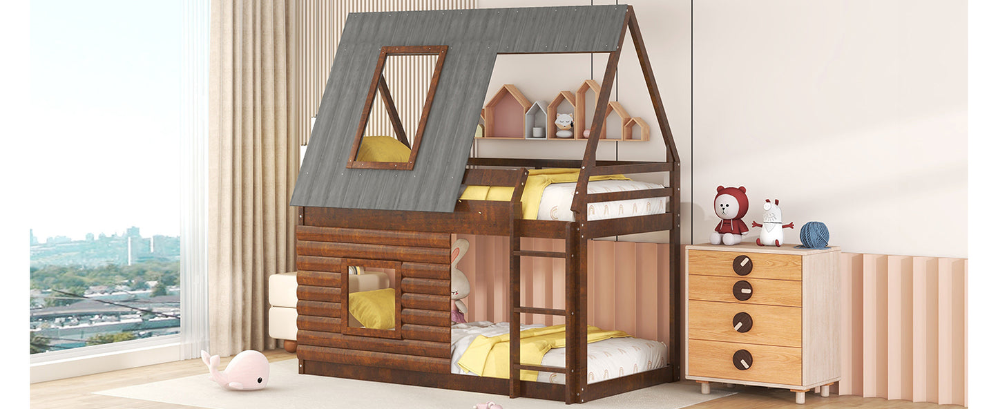 Cozy Rustic Oak and Smoky Grey House Bunk Bed with Roof, Ladder, and Windows for Kids