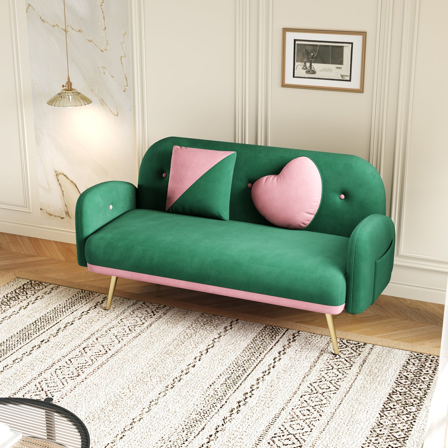 58 Green Velvet Sofa with 2 Pillows for Small Spaces