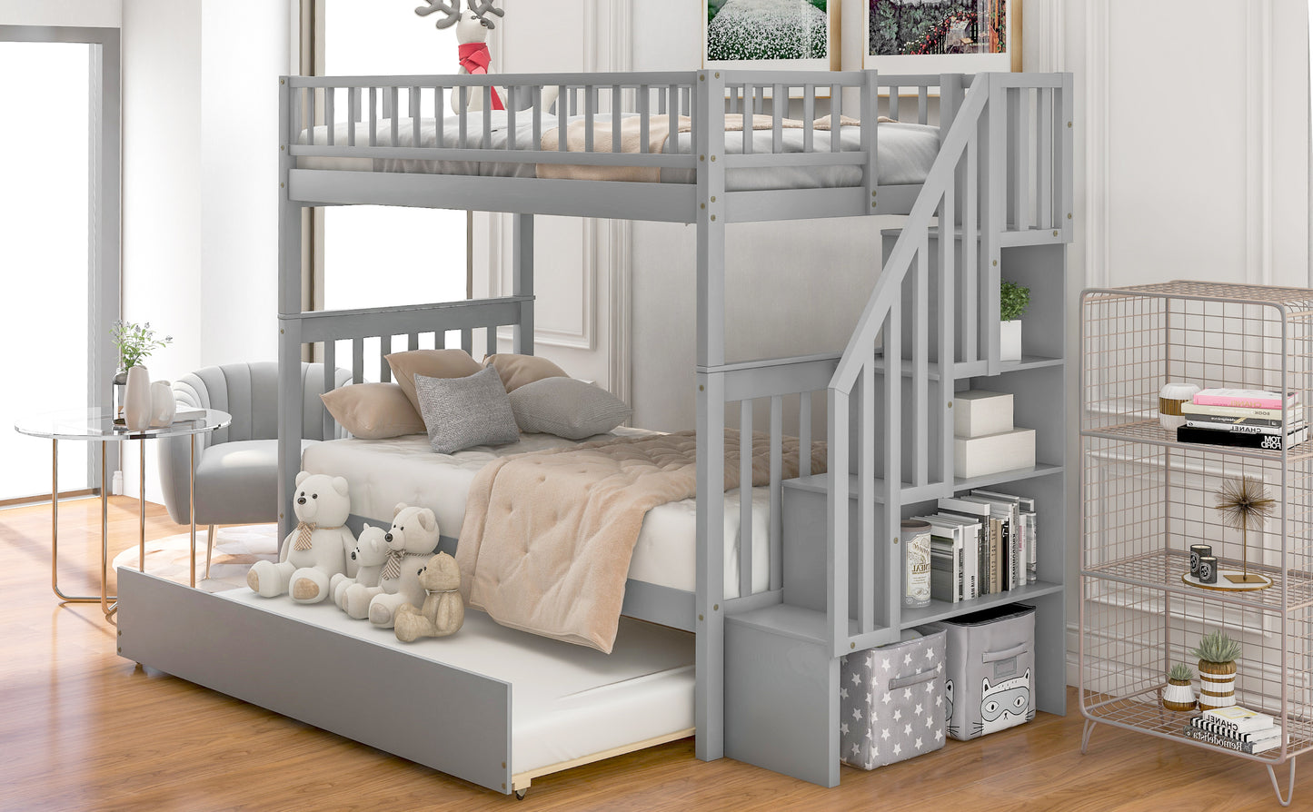 Gray Twin Bunk Bed with Trundle, Storage, and Versatility