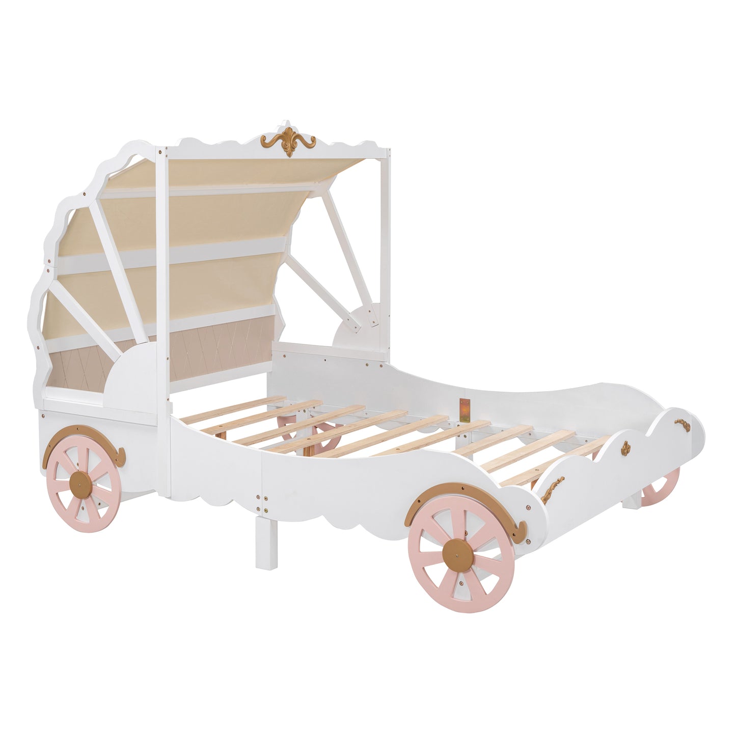 Full Size Princess Carriage Bed with Canopy, Wood Platform Car Bed with 3D Carving Pattern, White+Pink+Gold