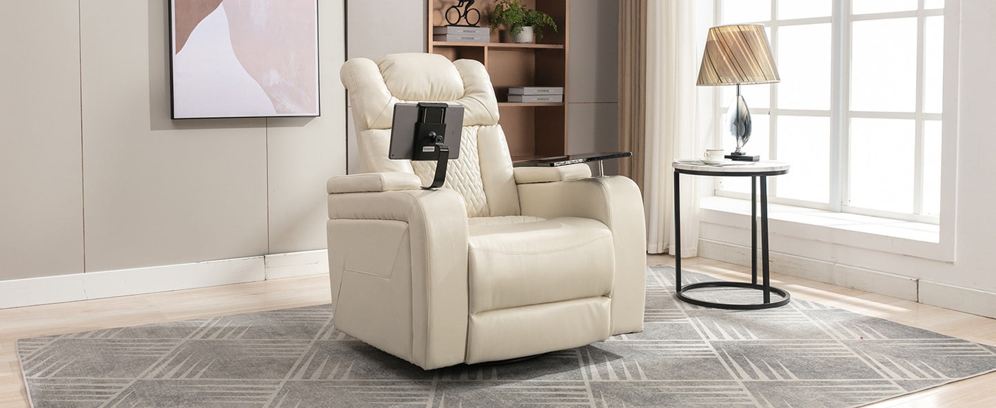 Power Recliner with Swivel, Cup Holder, USB Port, and Tray Table, White