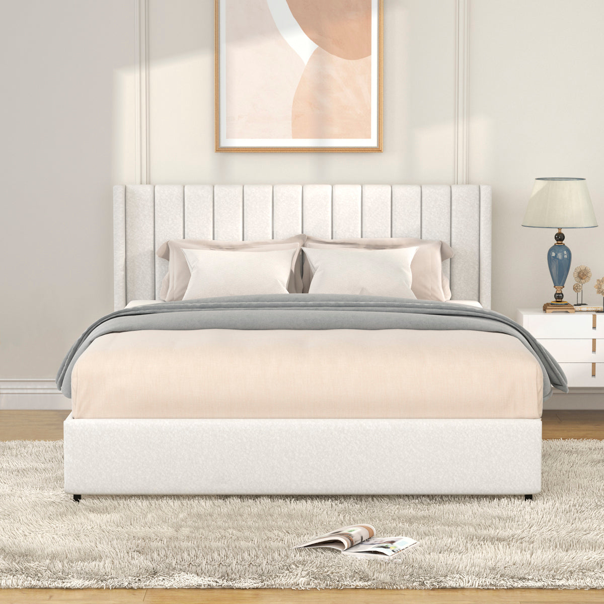 Anda Queen Size Ivory Boucle Upholstered Platform Bed with Patented 4 Drawers Storage, Tufted Headboard, Wooden Slat Mattress Support, No Box Spring Needed.