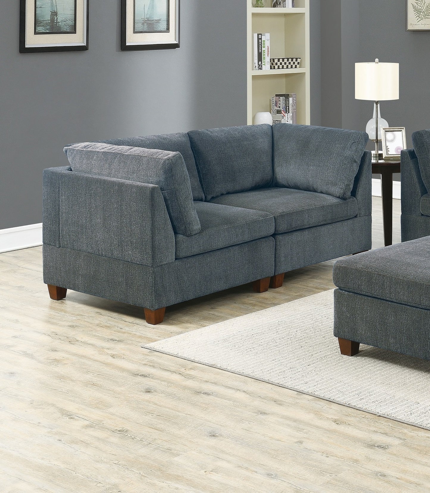 Contemporary Grey Chenille Modular Sofa Set with Ottoman and Armless Chair