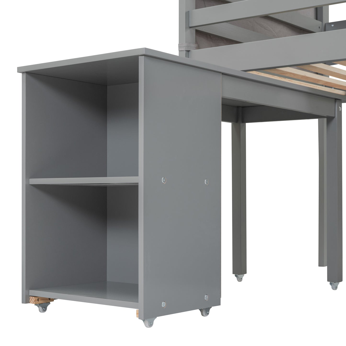 Twin Size Loft Bed with Rolling Cabinet, Shelf and Tent - Gray