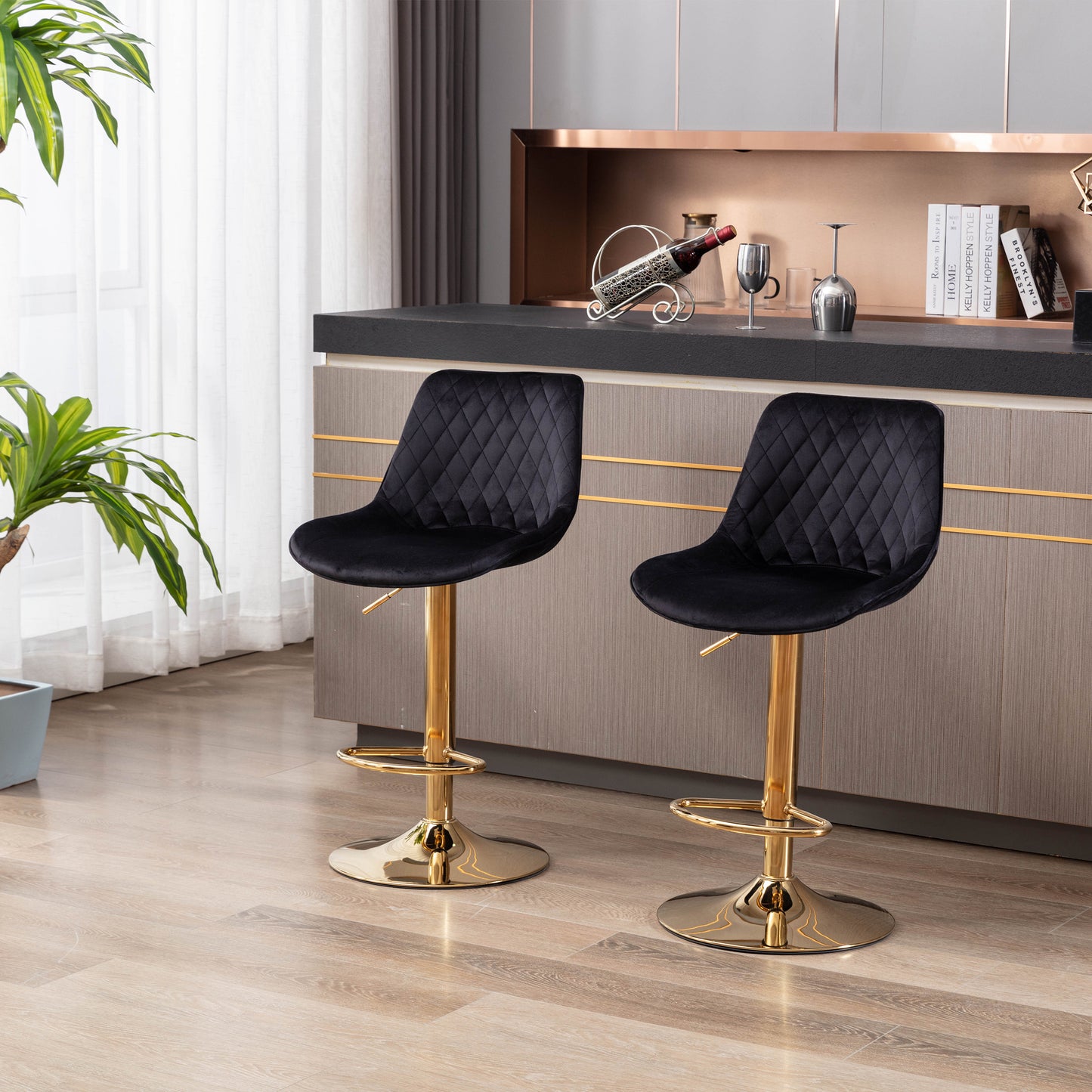 Set of 2  Bar Stools,with Chrome Footrest and Base Swivel Height Adjustable Mechanical Lifting Velvet + Golden Leg Simple Bar Stool-black