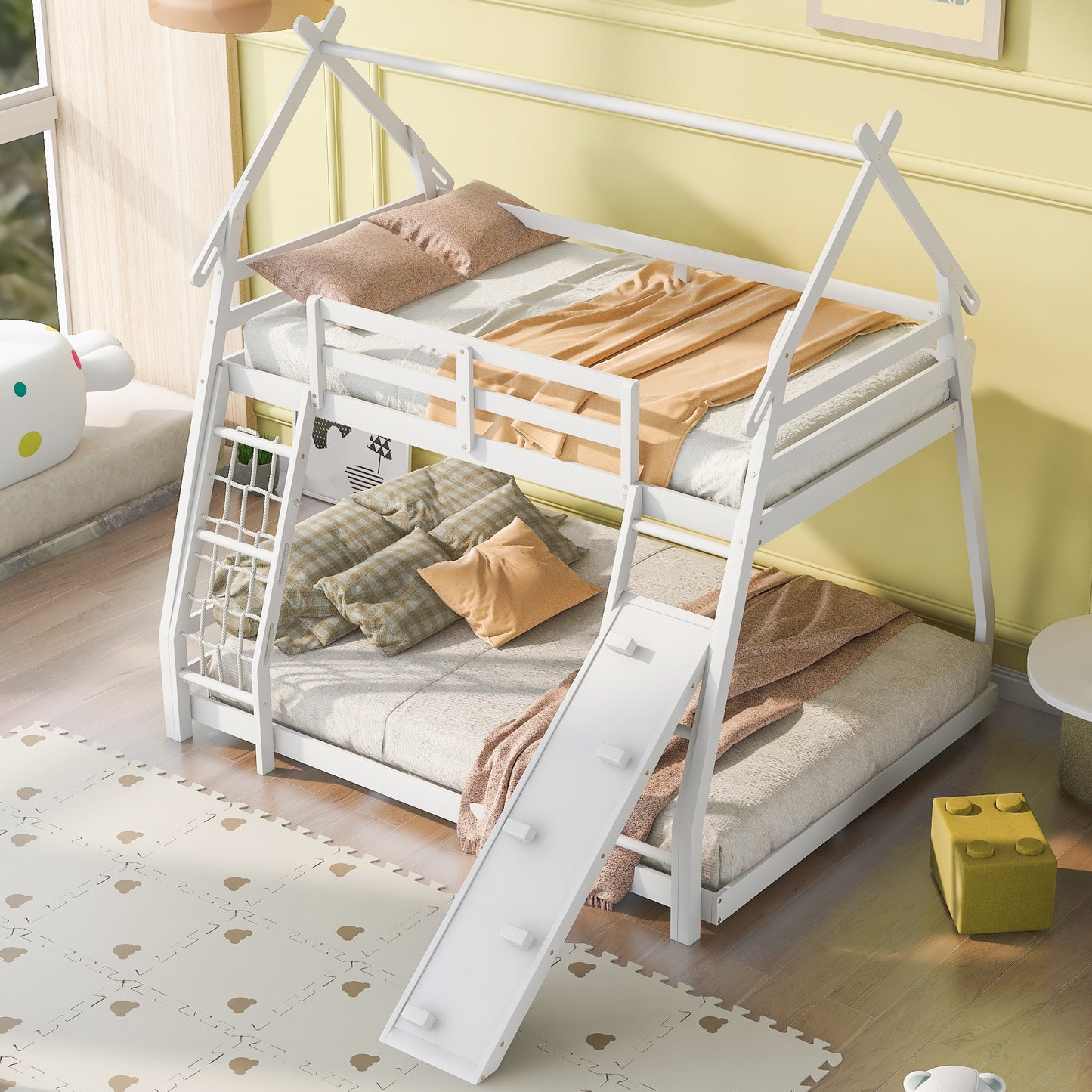 Twin and Queen Climbing House Bunk Bed with Nets and Ramp in White