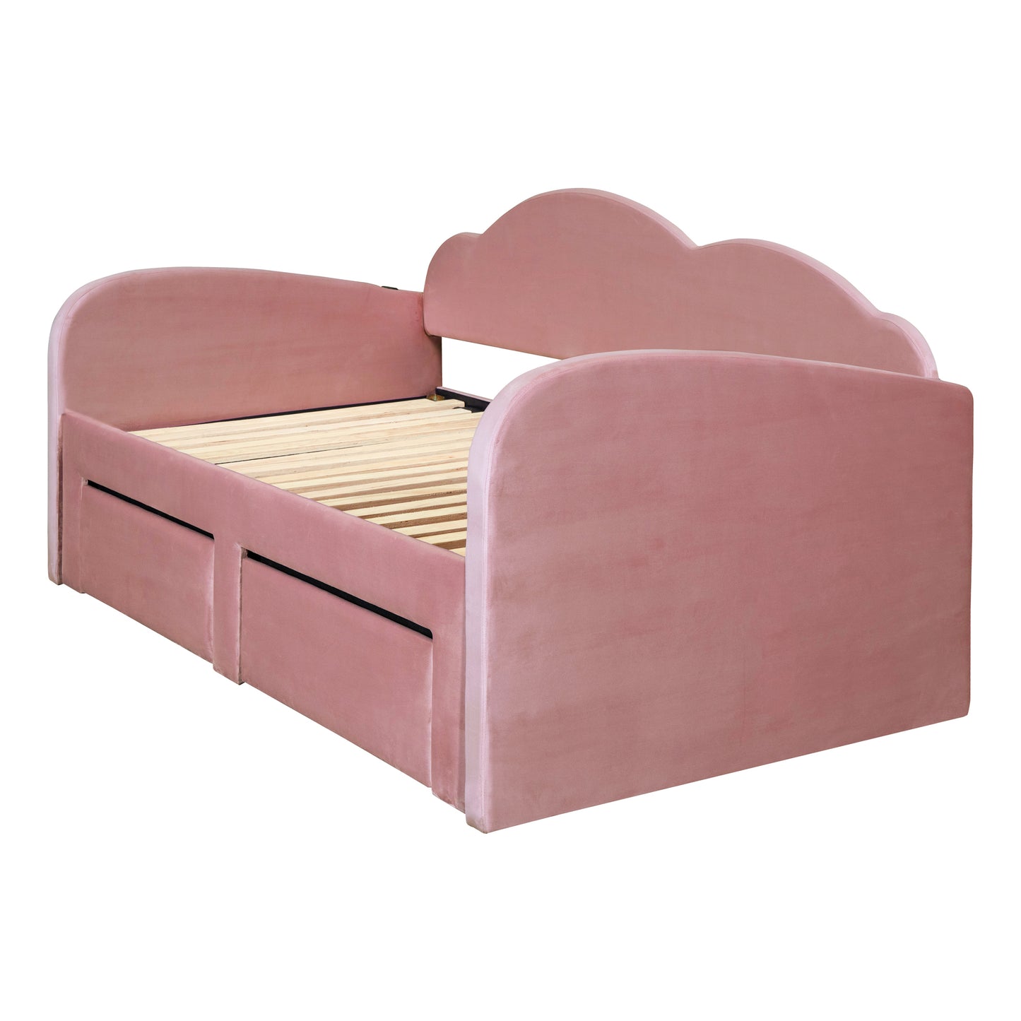 Twin Size Upholstered daybed with Cloud-Shaped Backrest, Trundle & 2 Drawers and USB Ports, Pink