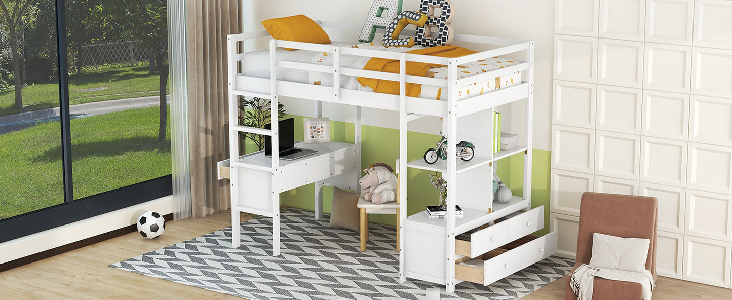 Twin  Size Loft Bed with Built-in Desk with Two Drawers, and Storage Shelves and Drawers,White