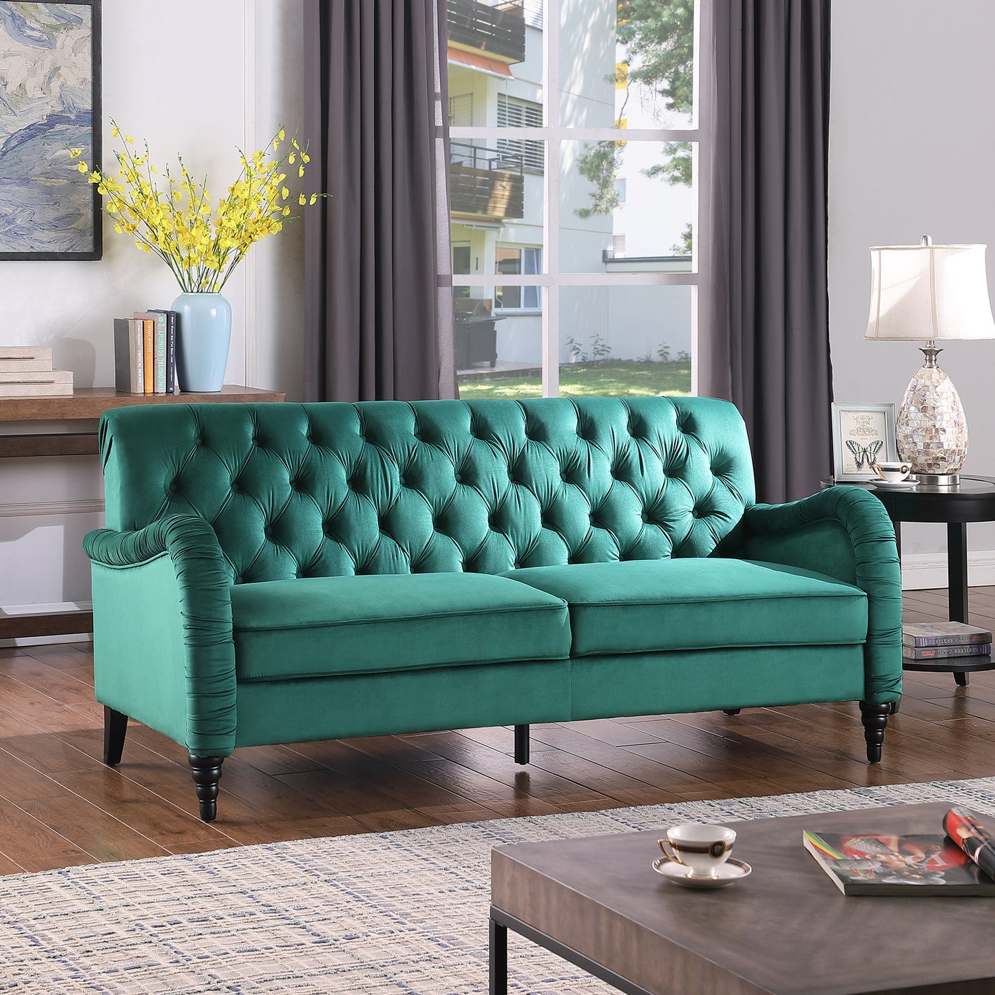 Modern Dark Green Velvet Chesterfield 3-Seater Sofa