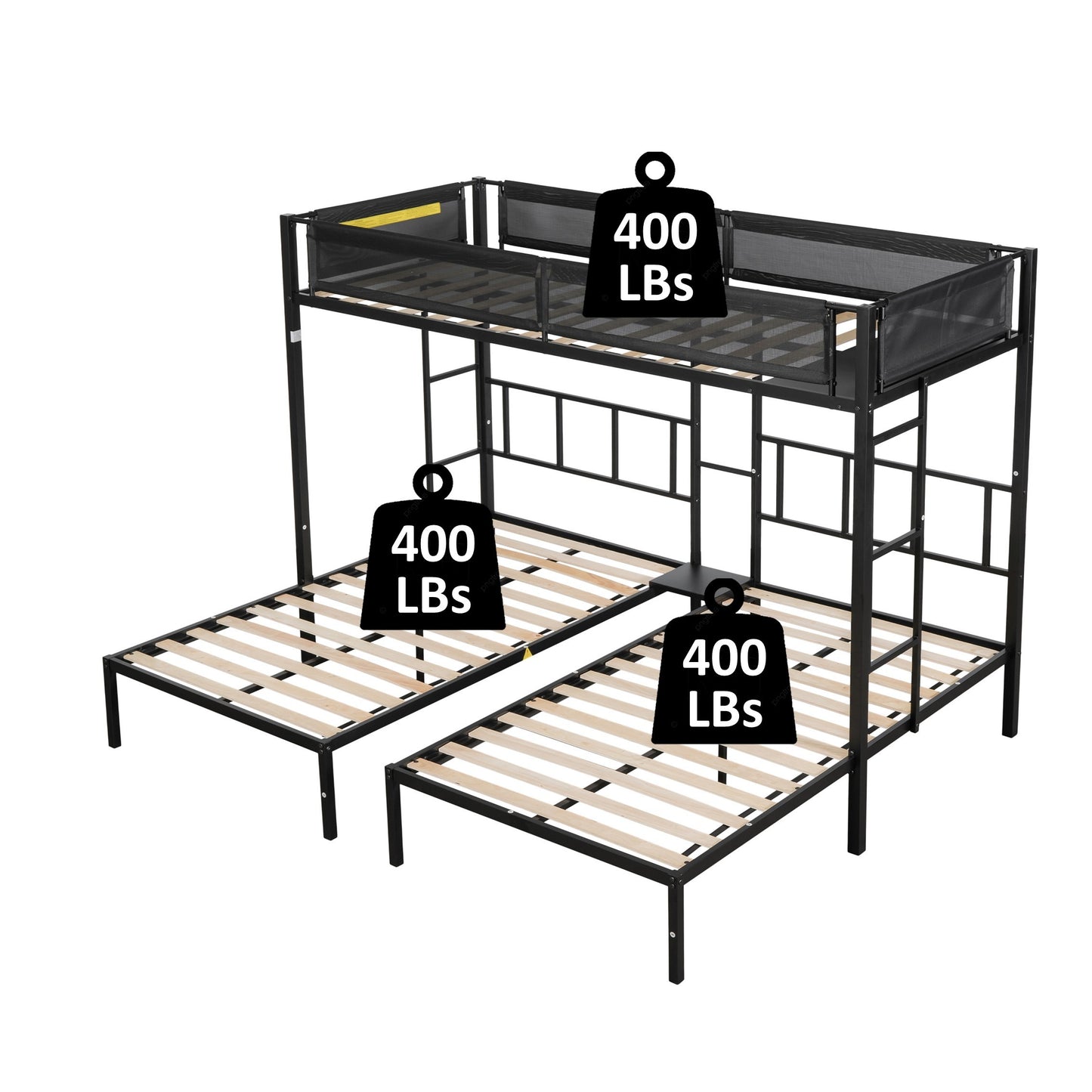 Metal Triple Twin Bunk Bed with Silent Wood Slats and Textilene Guardrails