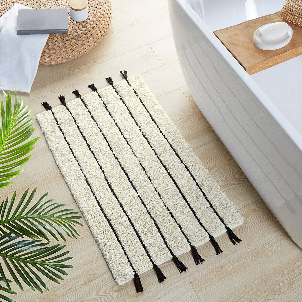 Striped Cotton Bath Mat with Tassel Detail