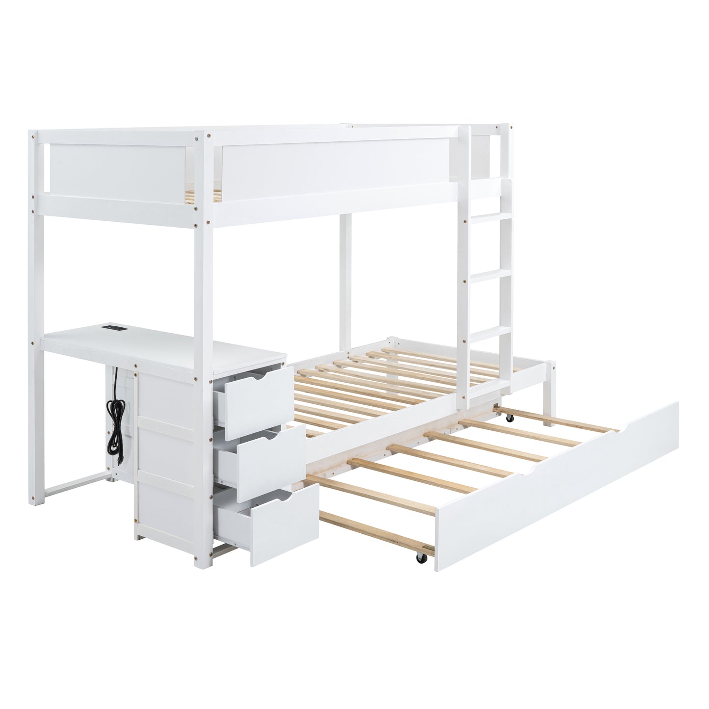 Twin Loft Bed with Trundle, Storage, Desk, and USB Outlets, White