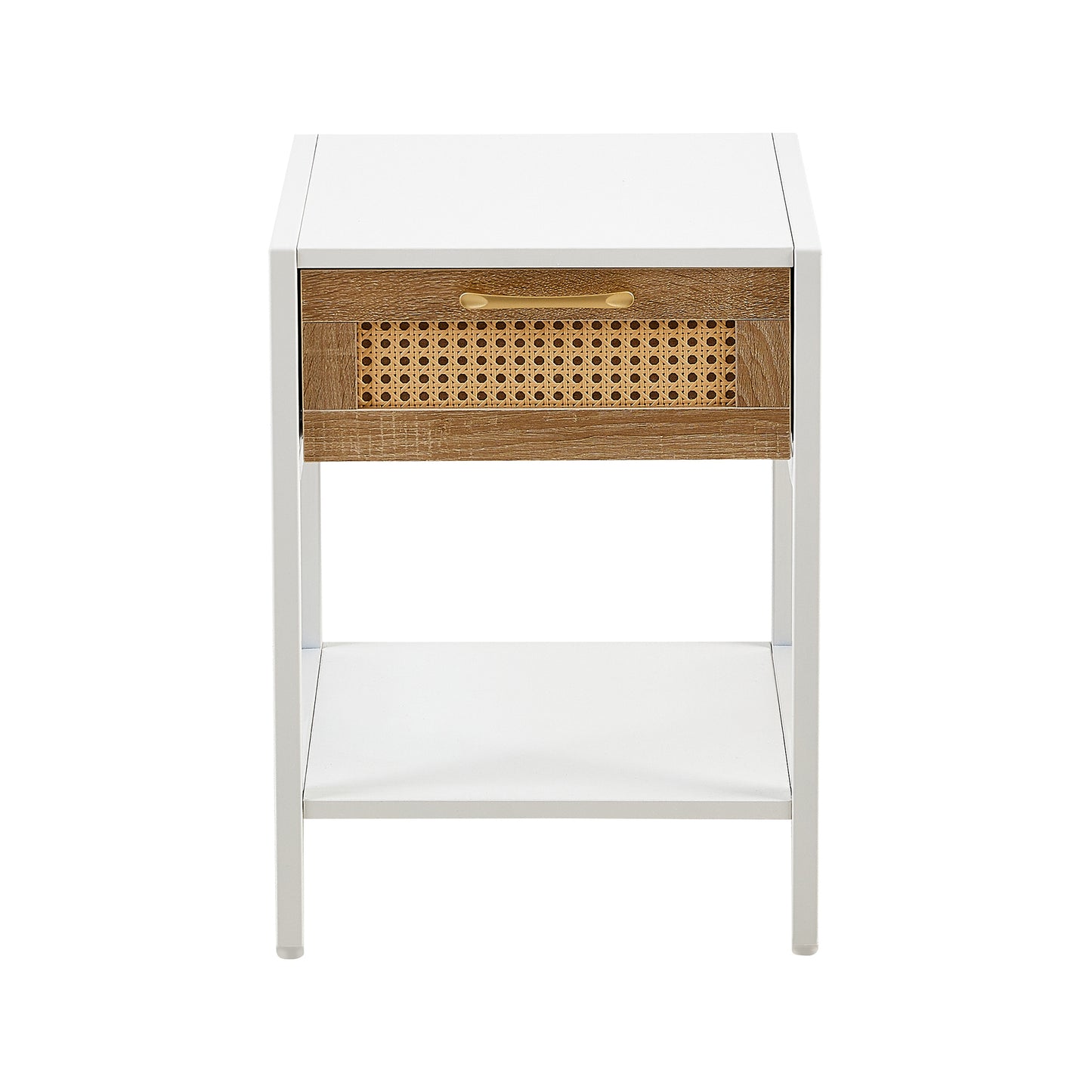 15.74" Rattan End table with  drawer, Modern nightstand, metal legs,side table for living room, bedroom,white(1 pc)