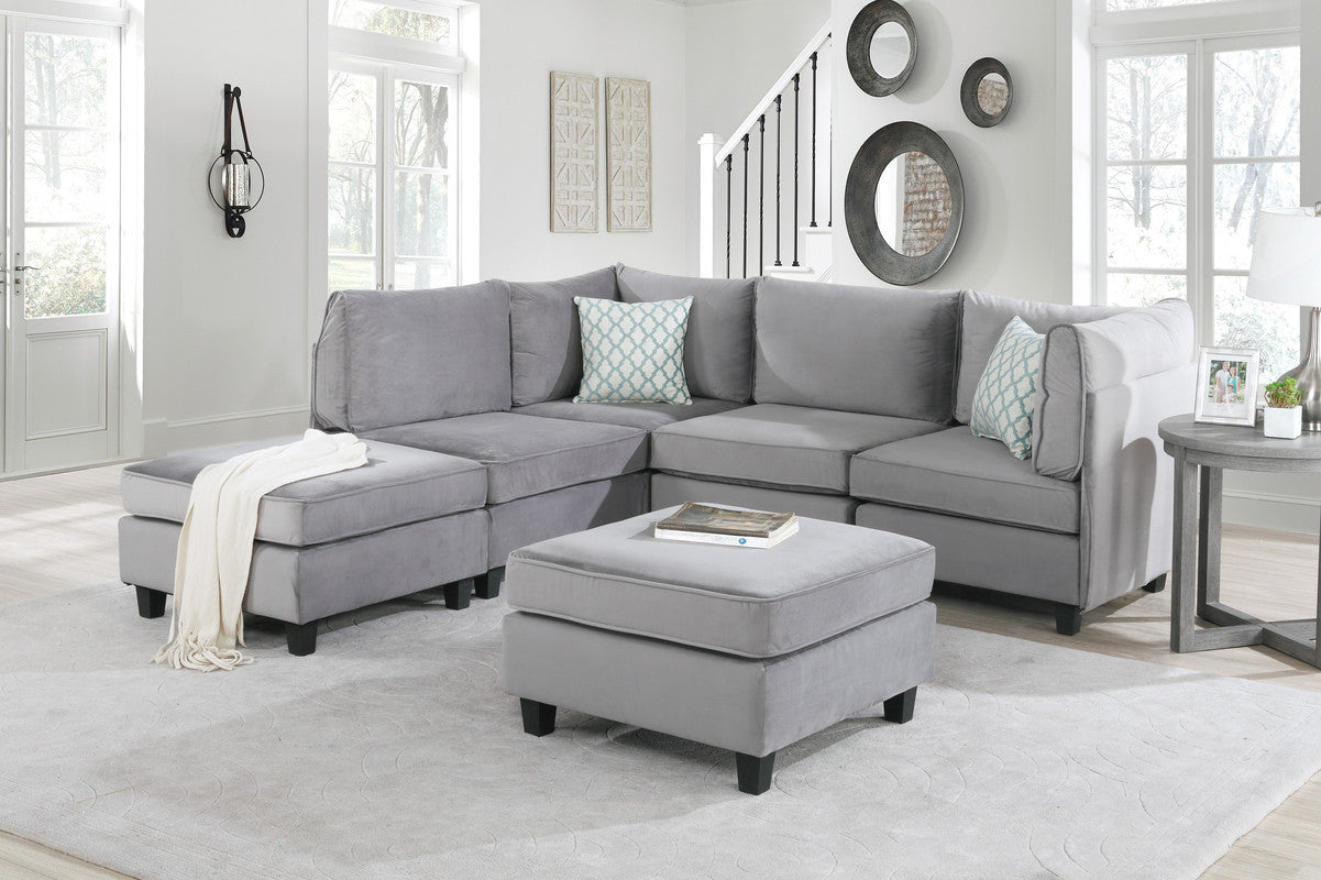 Simona Gray Velvet 6-Piece Sectional Sofa with Modular Design