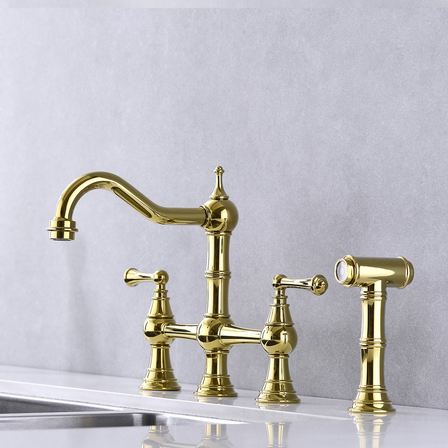 Bridge Dual Handles Kitchen Faucet With Pull-Out Side Spray in