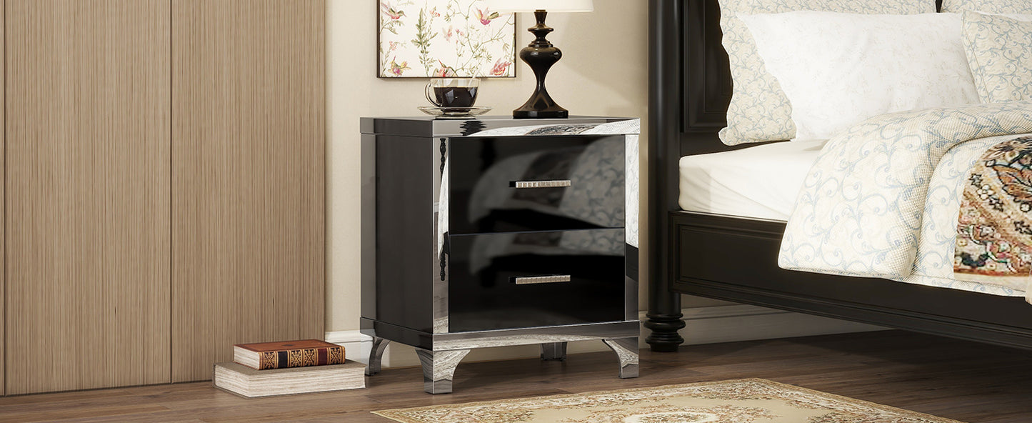 Elegant High Gloss Nightstand with Metal Handle,Mirrored Bedside Table with 2 Drawers for Bedroom,Living Room,Black