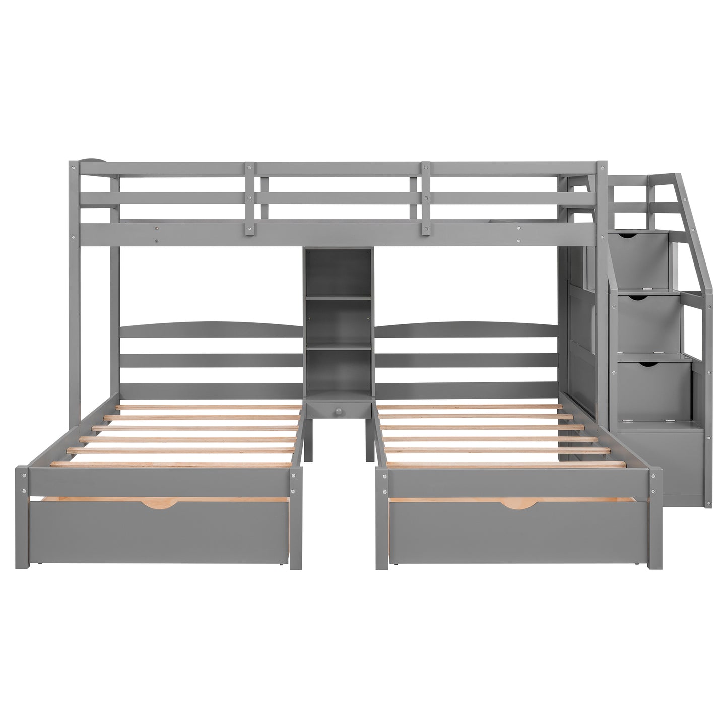 Gray Triple Bunk Bed with Storage Drawers, Staircase, and Built-in Shelves