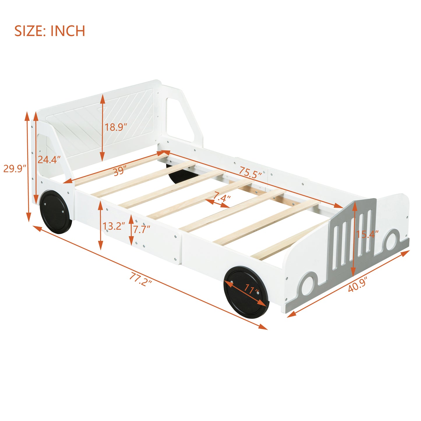 Twin Size Car-Shaped Platform Bed with Wheels,White