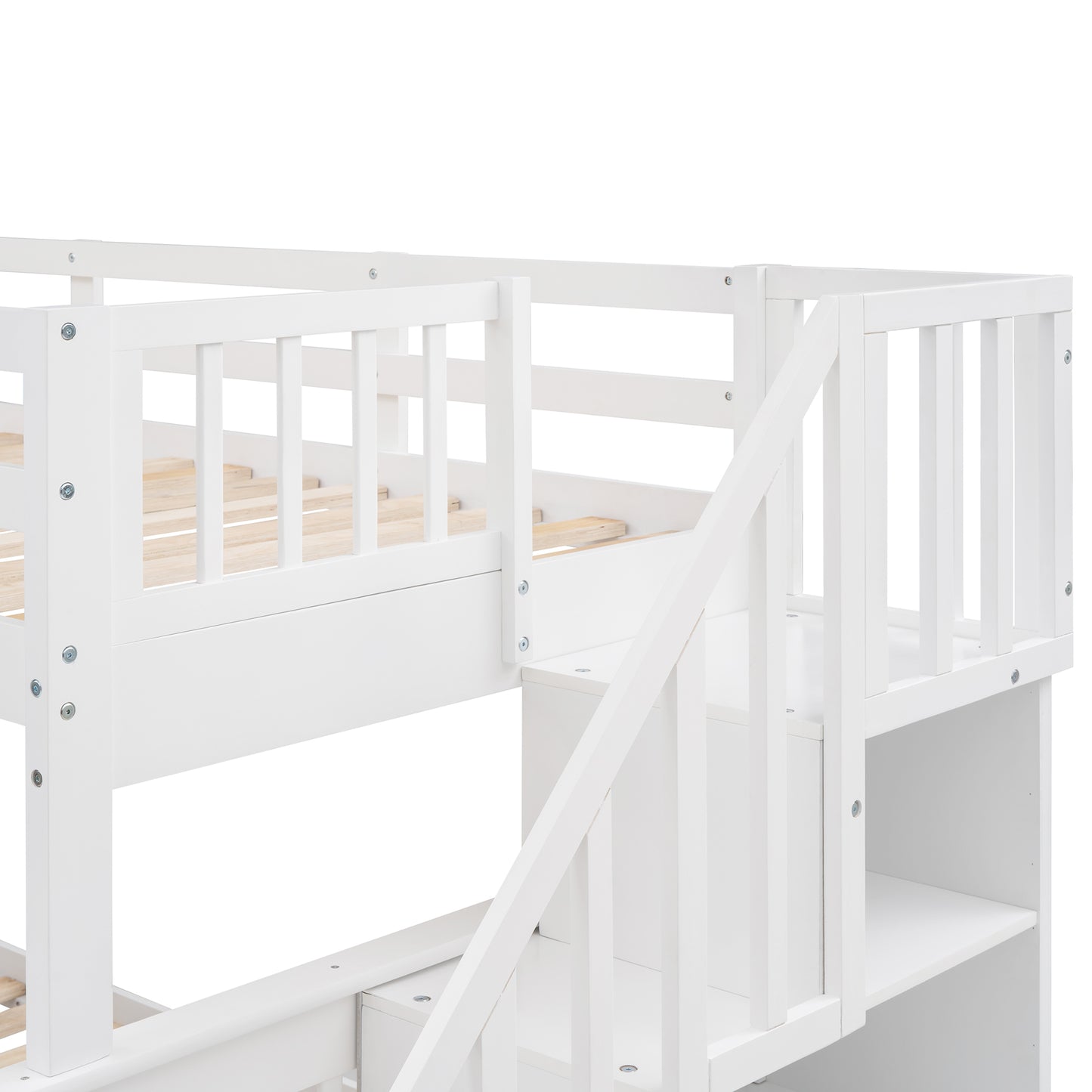 White Twin-Over-Full Bunk Bed with Staircase Storage and Guard Rail