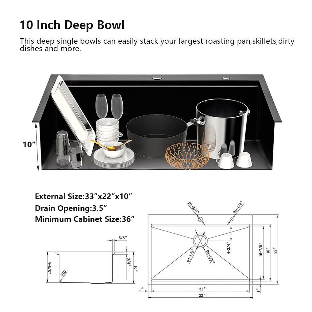 33-inch Stainless Steel Drop-In Kitchen Sink with Integrated Ledge & Accessories