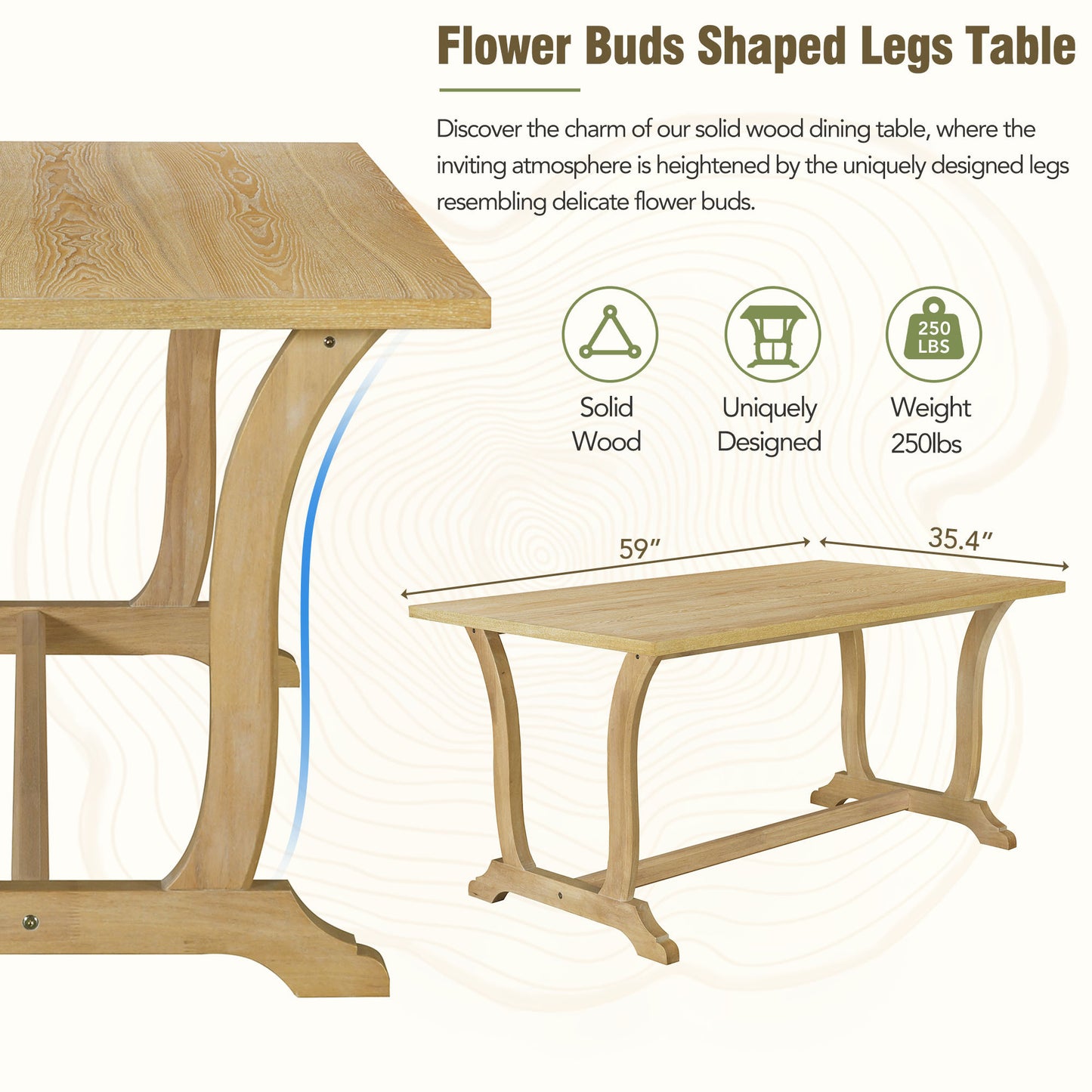 Farmhouse 6-Piece Trestle Dining Table Set with Upholstered Dining Chairs and Bench, 59inch, Brown