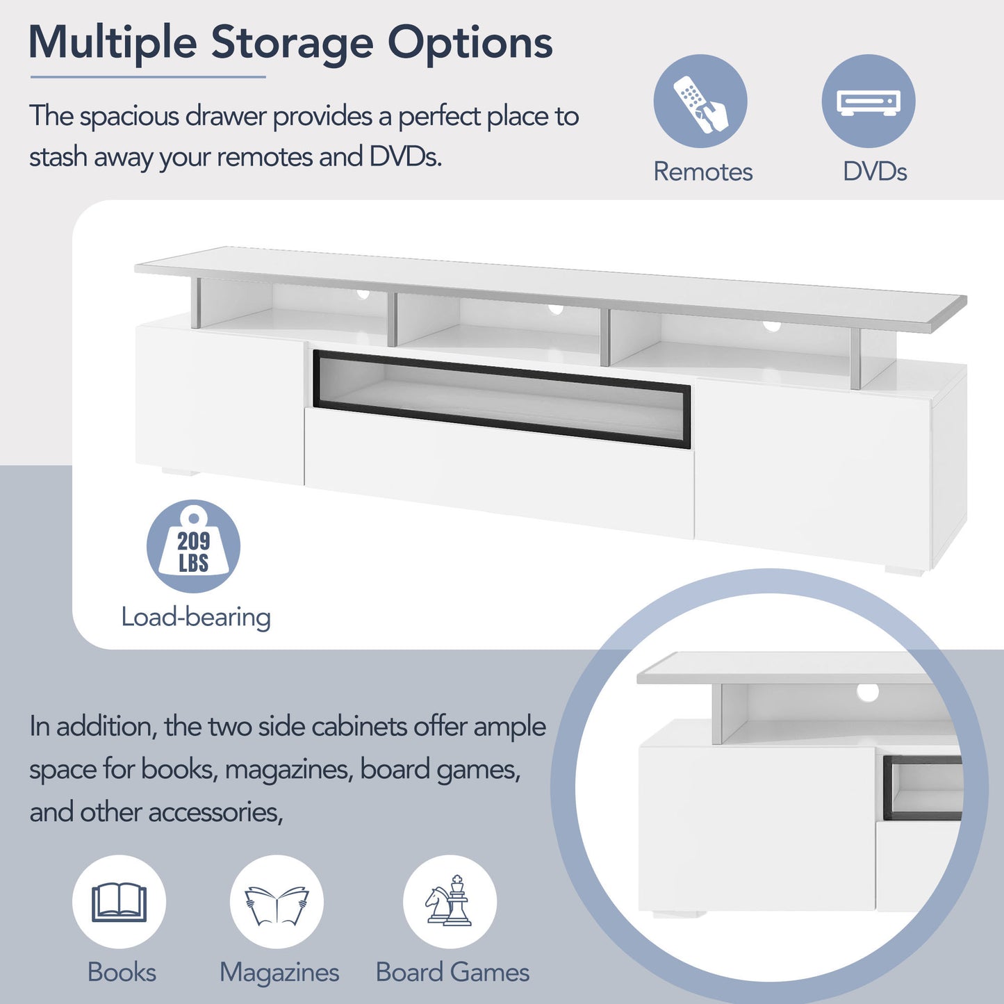 White Modern TV Stand with LED Color Changing Lights and Acrylic Board for TVs Up to 80