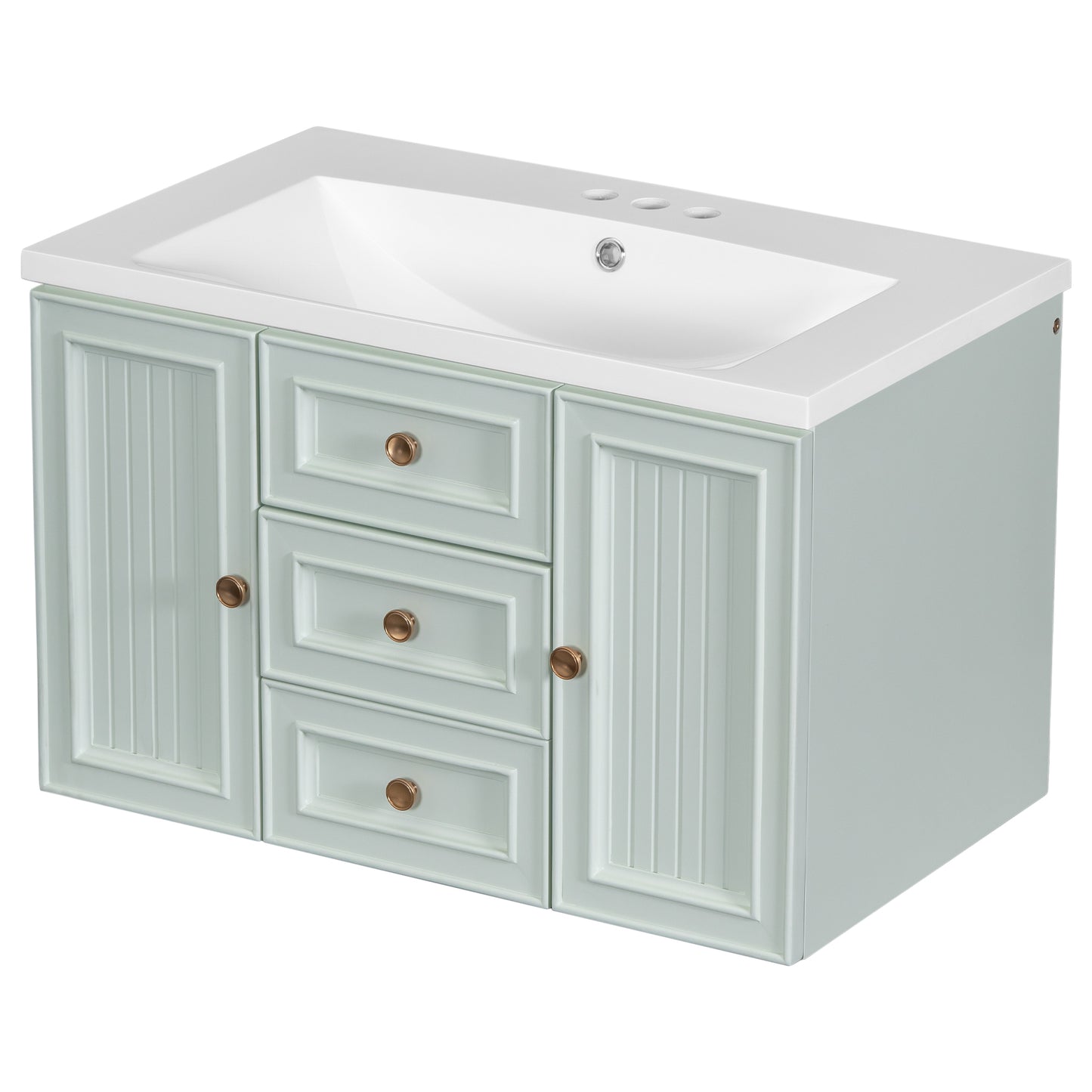 30" Wall Mounted Bathroom Vanity with Sink Combo, Functional Drawer, Solid Wood & MDF Board & Ceramic, Green