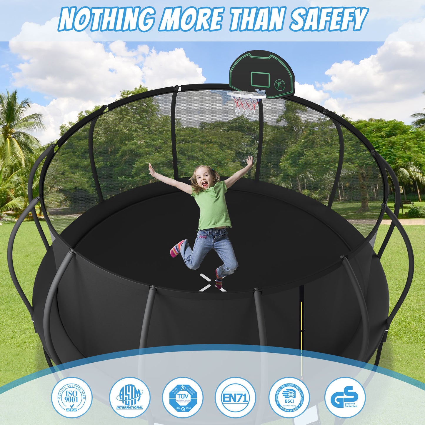 16FT Trampoline for Kids with Upgraded ArcPole and Composite TopLoop for Safety Enclosure, Plus Basketball Board and 12 Ground Stakes, Outdoor Recreational Playset Balance Physical Training Trampoline