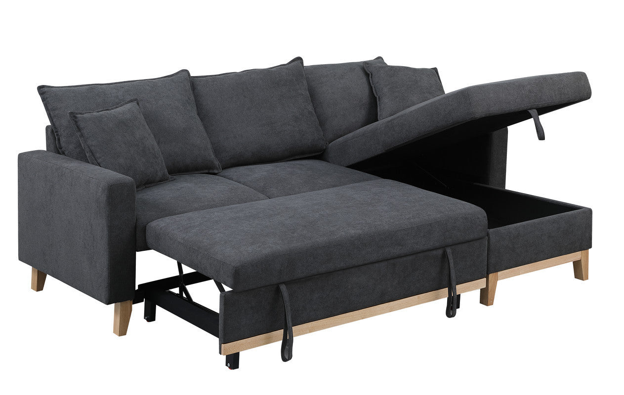 Convertible Dark Grey Upholstered Sleeper Sectional Sofa with Built-In Storage Chaise