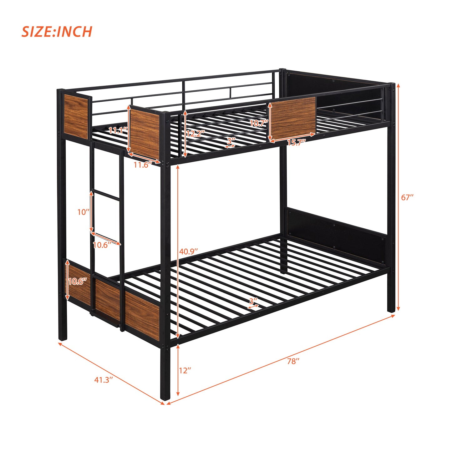 Steel Frame Twin Over Twin Bunk Bed with Safety Rail and Ladder for Bedroom, Dorm, Boys, Girls, Adults